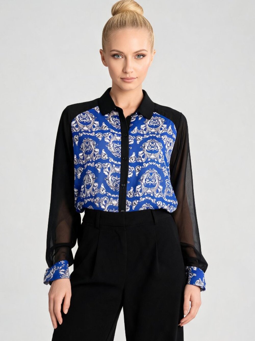 AGB | Blue Color Block Print Sheer Button Down Blouse Sz L